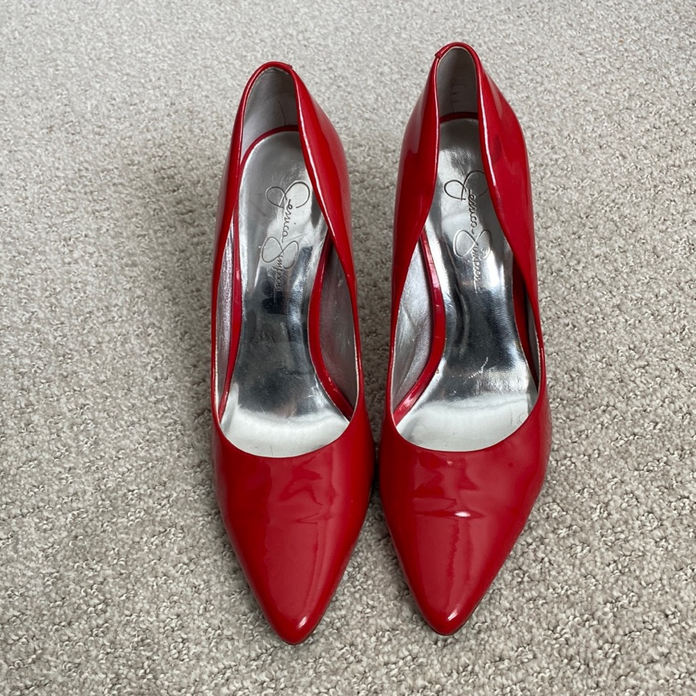 Red patent leather Jessica Simpson stilettos.